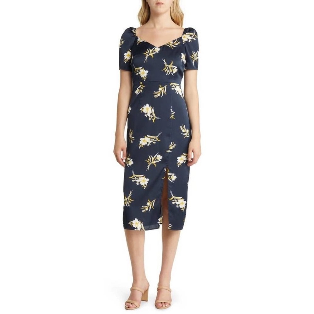 Sam Edelman dark blue yellow Tossed Floral Puff Sleeve Sheath Dress size 12/14